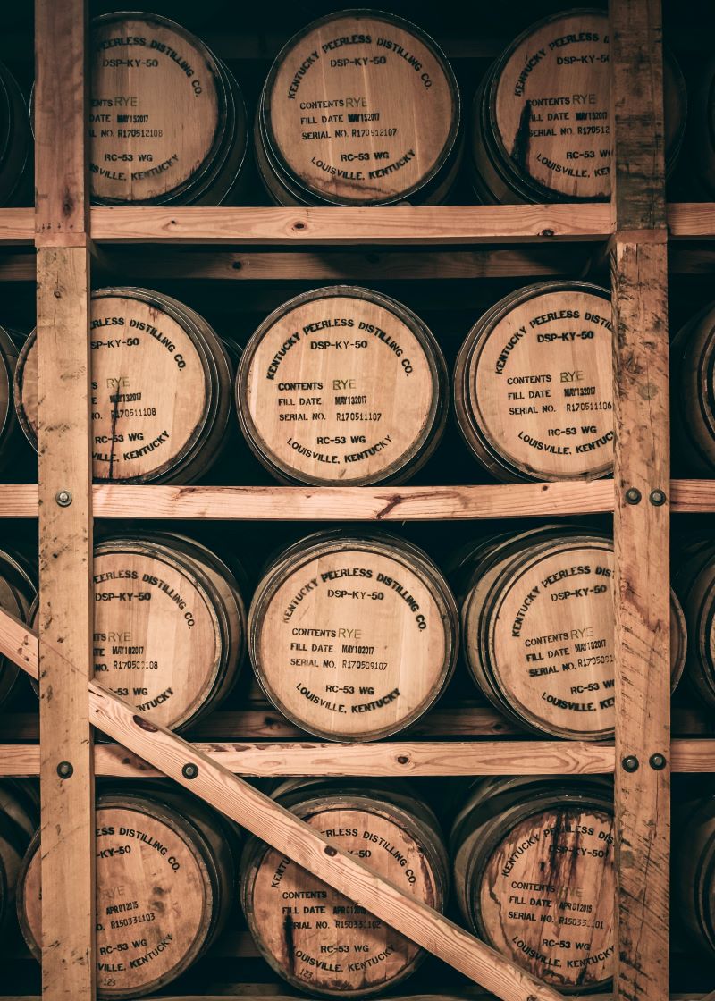 Whiskey barrels stacked